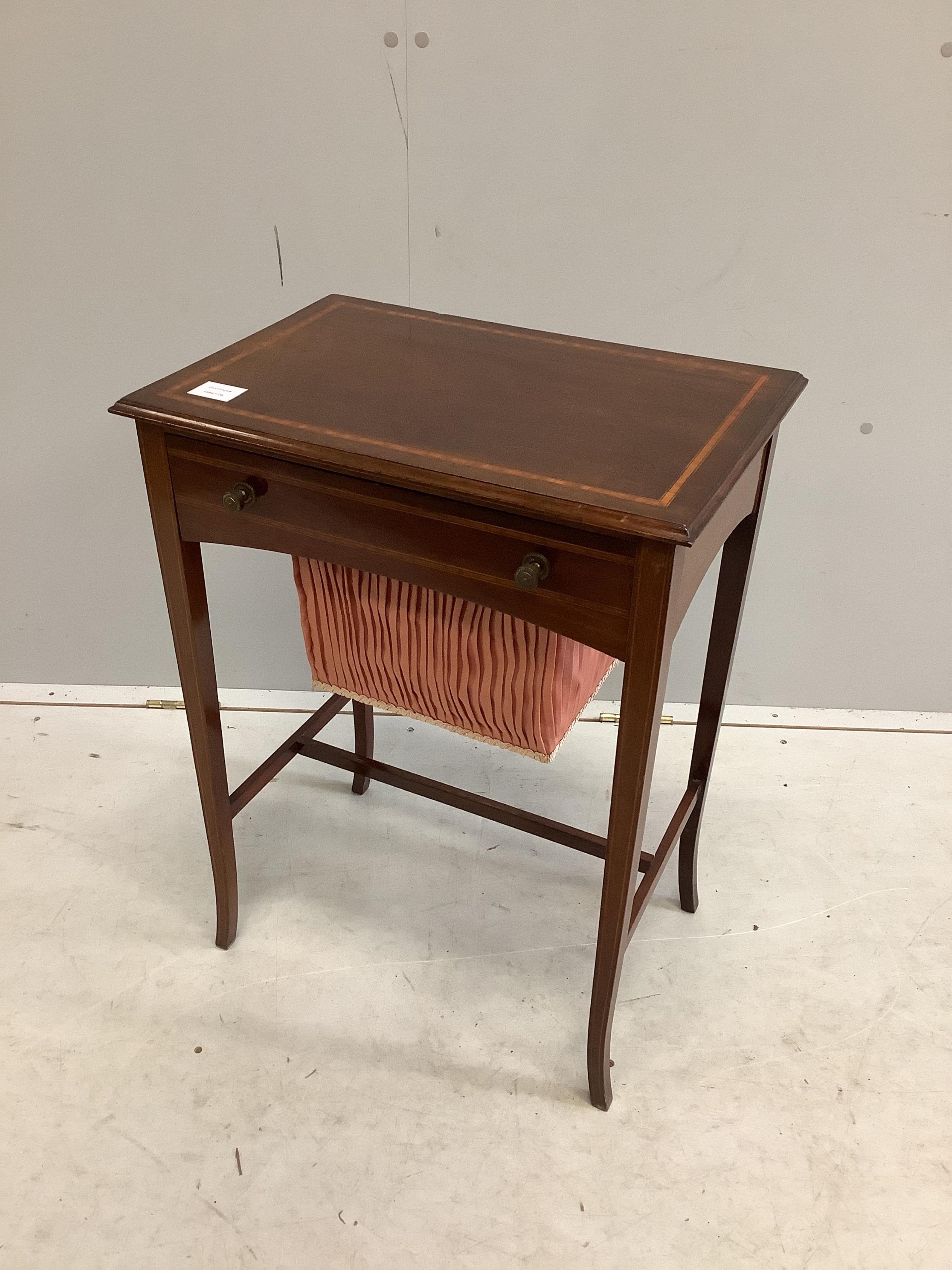 An Edwardian satinwood banded mahogany work table, width 51cm, depth 35cm, height 68cm. Condition - fair